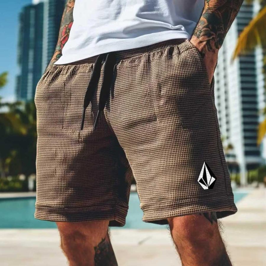 

Men's Vintage Brown Waffle Knit Elastic Drawstring Surfing Shorts Boardshorts