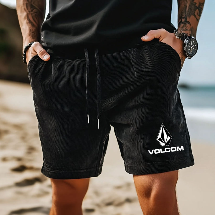 

Men's Vintage Black Corduroy Elastic Drawstring Surfing Shorts Boardshorts