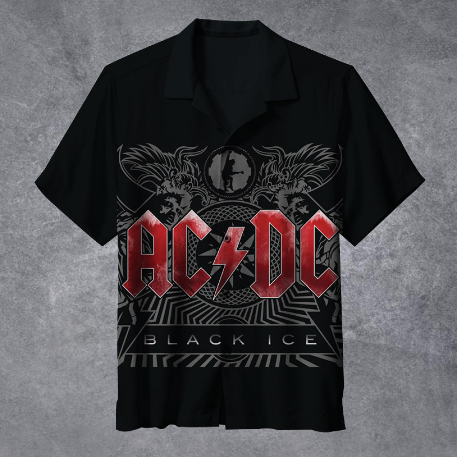 

ACDC Men's Vintage Rock Band Black Ice Hawaiian Cuban Collar Short Sleeve Shirt
