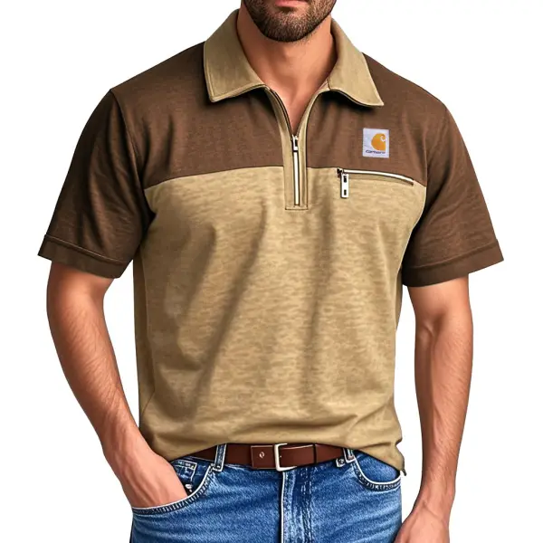 Men's Zip Polo Short Sleeve T-Shirt Color Block With Zip Pocket Perfect For Casual And Workwear - Yesunshine.com 