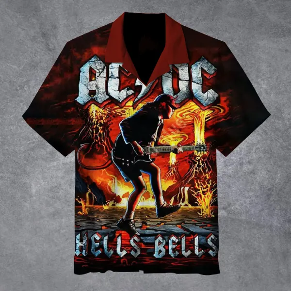 Men's Vintage Rock Band Hells Bells Cuban Collar Short Sleeve Shirt - Cotosen.chimpone.com 