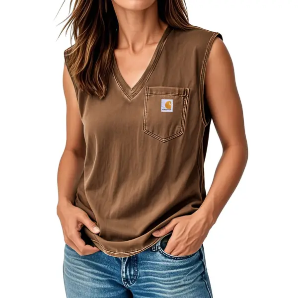 Women's Sleeveless V Neck Washed Vest With Chest Pocket Perfect For Casual And Workwear Tank Top - Wayrates.com 