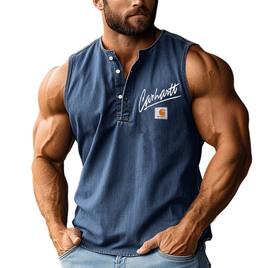 

Carhartt Men's Retro Solid Color Simple Sleeveless Henley Shirt