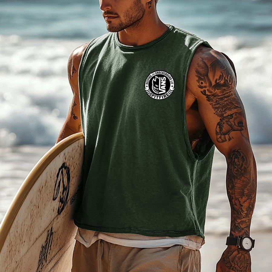 

Men's Vintage Crew Neck Sleeveless Army Green Tank Top