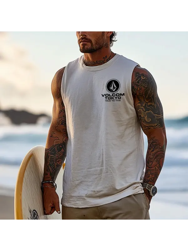 Men's Vintage Surfing Oversized Print Tank Top - Aptkoi.com 
