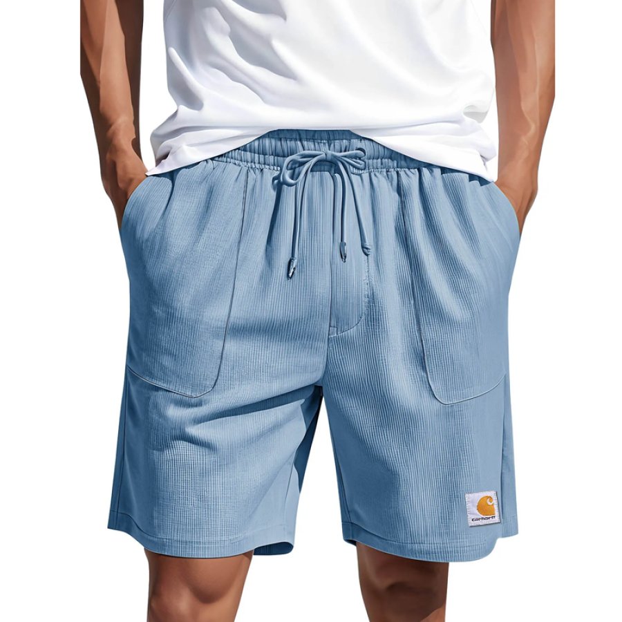 

Men's Water Blue Corduroy Surf Casual Drawstring Shorts With Side Pockets - Perfect For Summer Outdoors