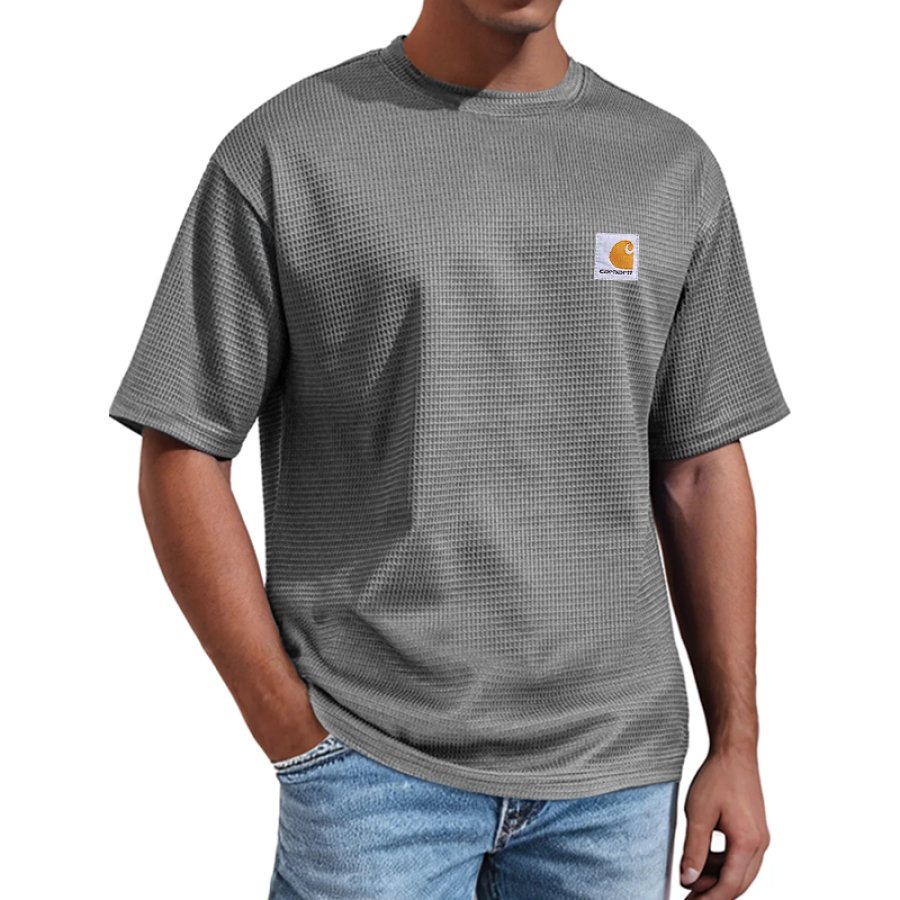 

Gray Comfortable Waffle Knit Short Sleeve Tee For Men - Perfect For Casual Wear