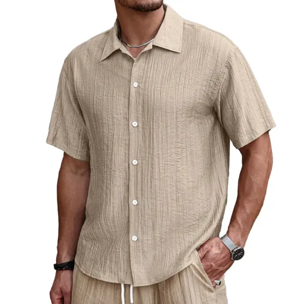 Stylish Khaki Men's Short Sleeve Button-Up Shirt For Summer Casual Wear - Elementnice.com 