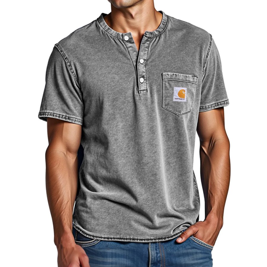

Stylish Vintage Henley T-Shirt With Chest Pocket For Men - Perfect For Casual Wear
