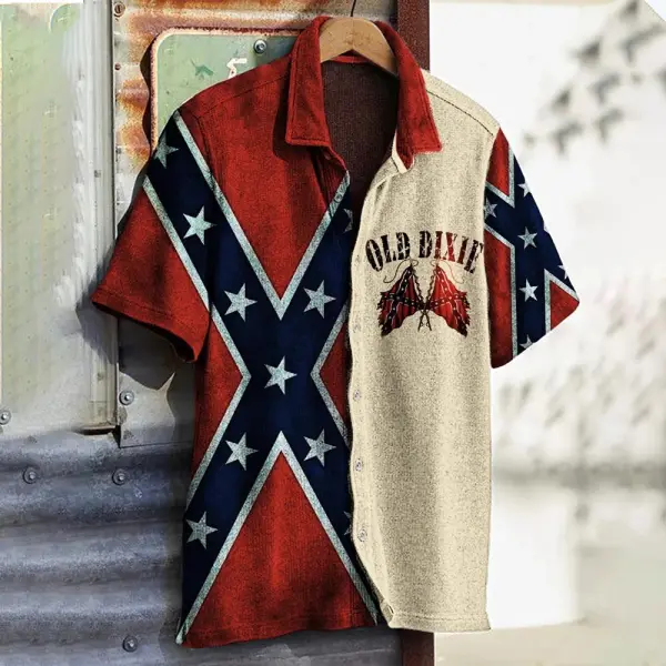 Men's Old Dixie Rebel Flag Patchwork Independence Day Short Sleeve Shirt - Cotosen.chimpone.com 