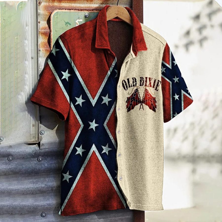 

Men's Old Dixie Rebel Flag Patchwork Independence Day Short Sleeve Shirt