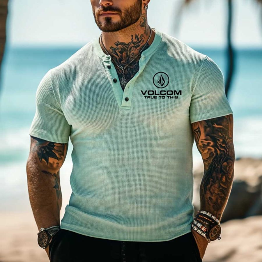

Men's Vintage Waffle Knit Surf Light Green Short Sleeve Henley T-Shirt