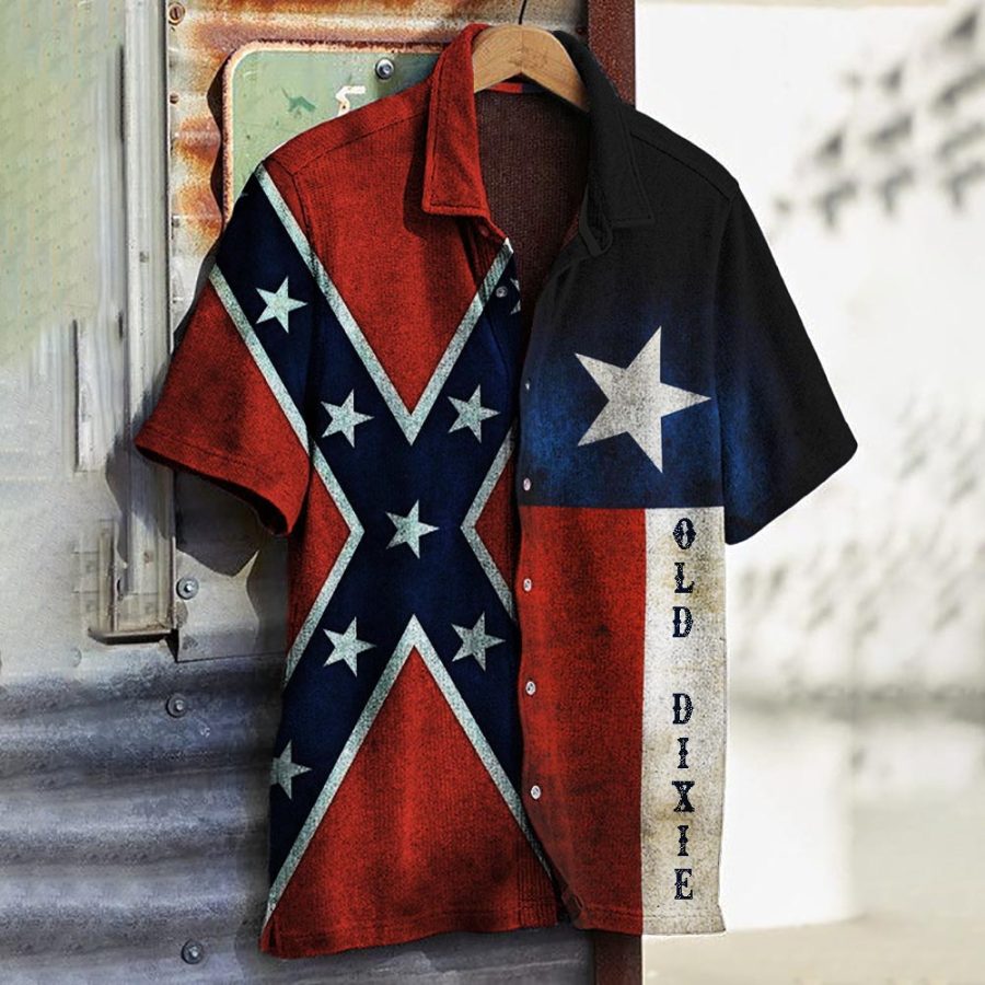 

Men's Old Dixie Texas Rebel Flag Contrast Independence Day Shirt