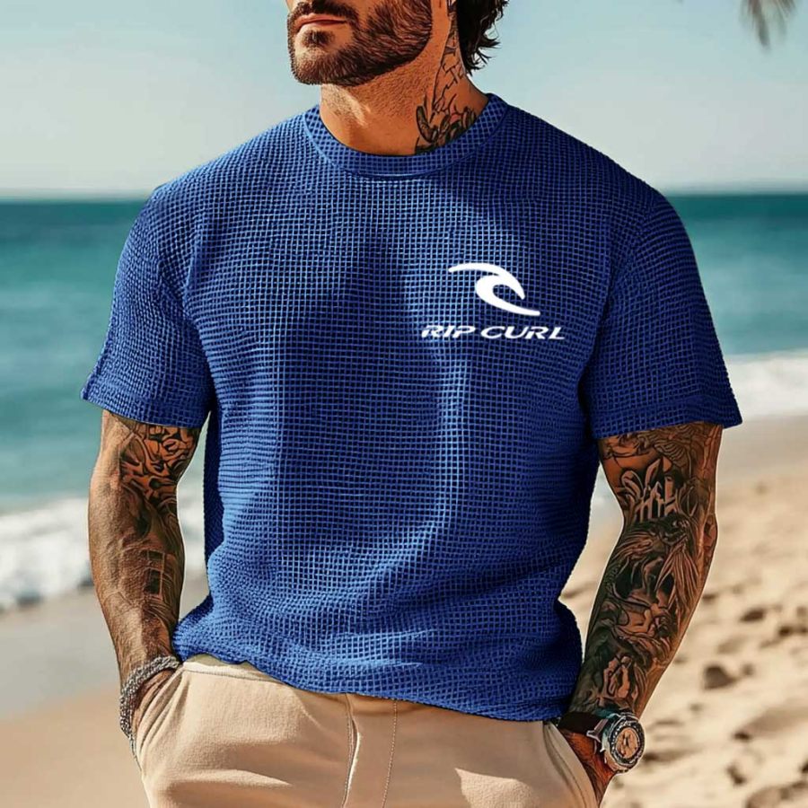 

Men's Vintage Waffle Knit Surf Royal Blue Short Sleeve Crew Neck T-Shirt