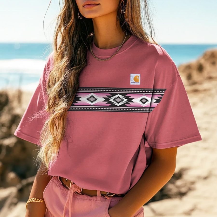 

Women's Vintage Pink Surf Ethnic Aztec Print Oversized Short Sleeve Crew Neck T-Shirt