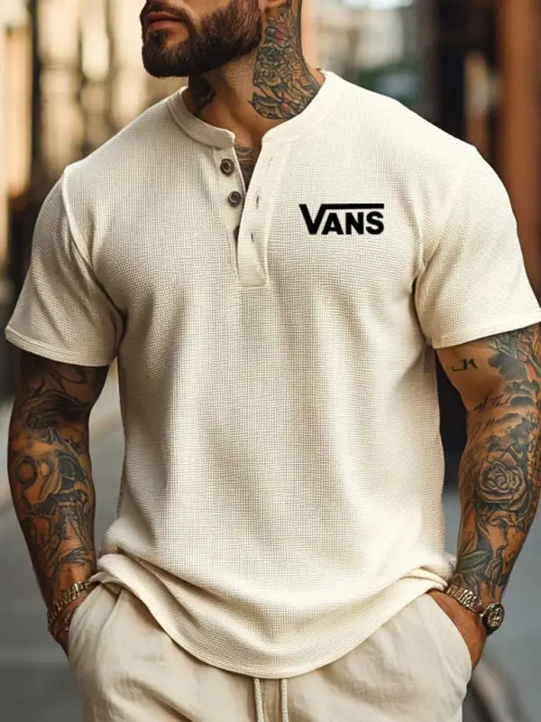 Vans Men's Waffle Knit Surf Skateboard Beige Short Sleeve Henley T-Shirt - Menbarn.com 