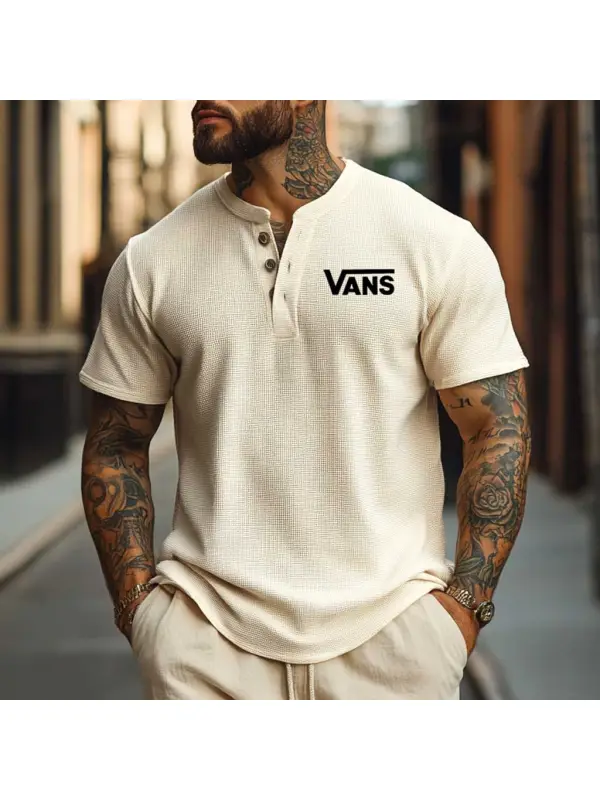 Men's Vintage Waffle Knit Surf Skateboard Beige Short Sleeve Henley T-Shirt - Aptkoi.com 