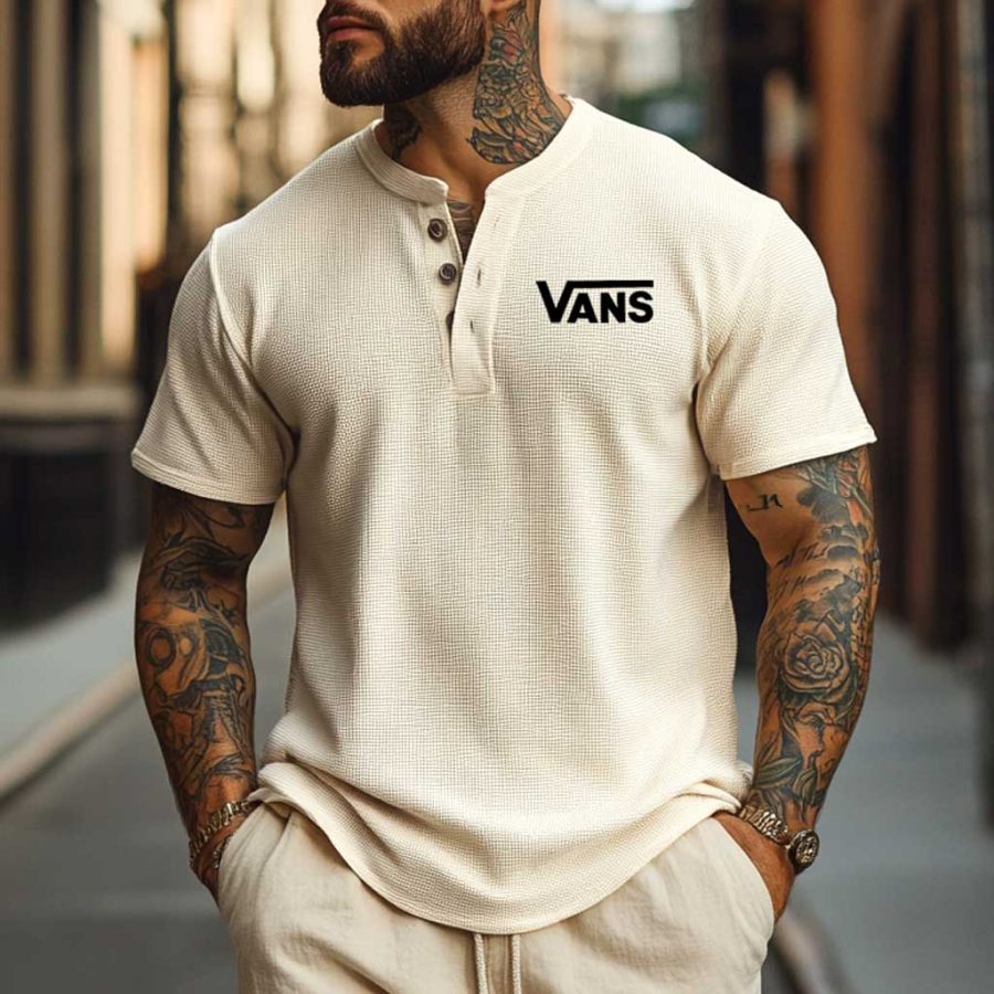 

Men's Vintage Waffle Knit Surf Skateboard Beige Short Sleeve Henley T-Shirt