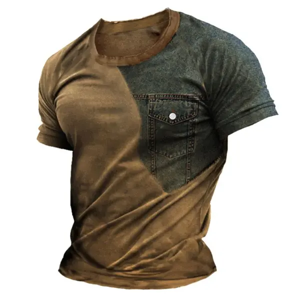 Western Distressed Panel Denim Print T-Shirt - Cotosen.chimpone.com 