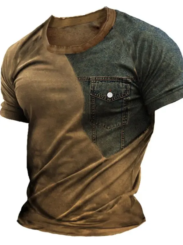 Western Distressed Panel Denim Print T-Shirt - Pragmaace.com 