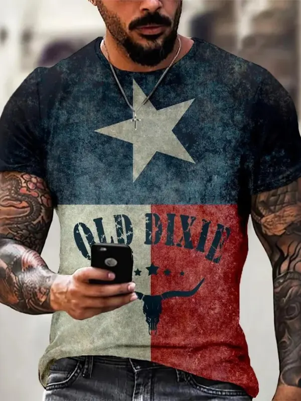 Men's Old Dixie Bull Skull Texas Flag Casual T Shirt - Simplyion.com 