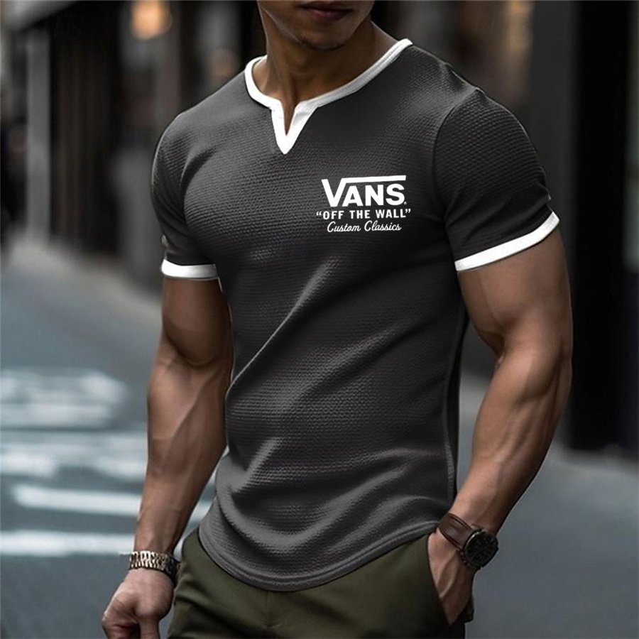 

Men's Vintage Waffle Fabric Knit Black V Neck Patchwork Mesh T-Shirt - Perfect For Summer Outdoors