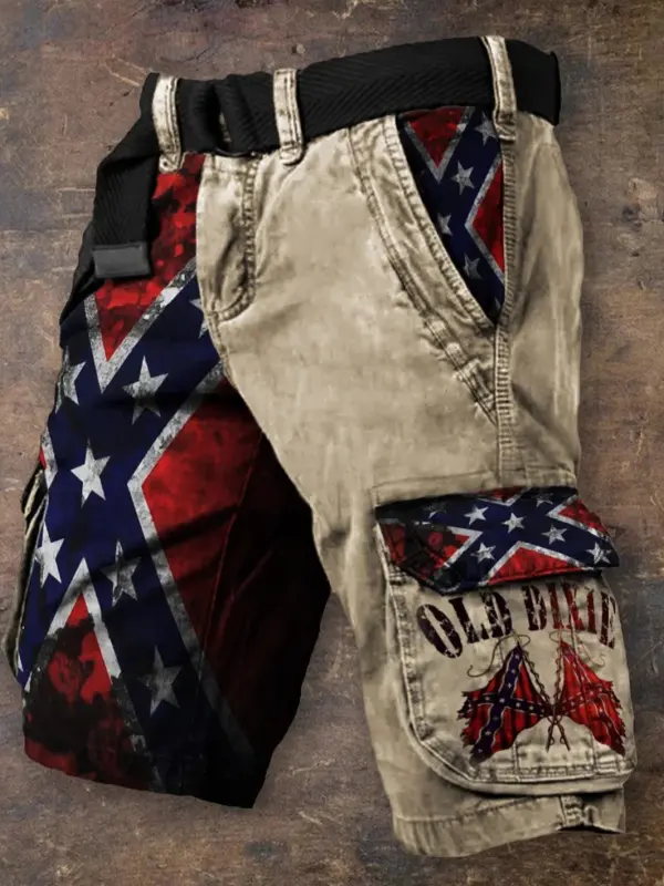 Men's Old Dixie Southern Pride Rebel Flag Patchwork Cargo Shorts - Menwyx.com 