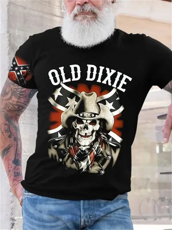 Men's Old Dixie Cowboy Skull Rebel Flag T Shirt - Simplyion.com 