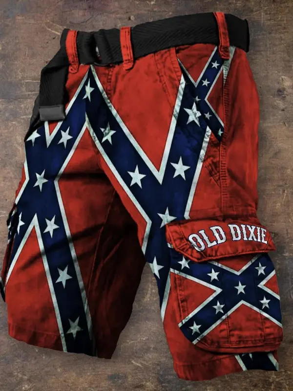Men's Old Dixie Rebel Flag Patchwork Cargo Shorts - Menwyx.com 