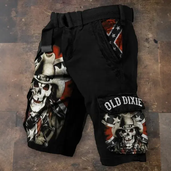 Men's Old Dixie Cowboy Skull Rebel Flag Patchwork Cargo Shorts - Cotosen.chimpone.com 