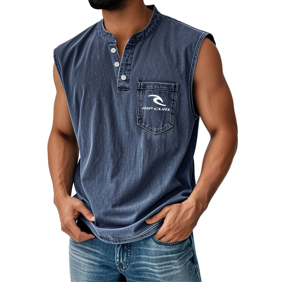 

Men's Sleeveless Henley With Buttons Washed Vest With Chest Pocket Perfect For Casual And Workwear Surf Tank Top