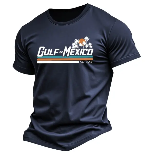 Men's Vintage Gulf Of Mexico Palm Tree Print Cotton Short Sleeve T-Shirt - Menzfolk.com 