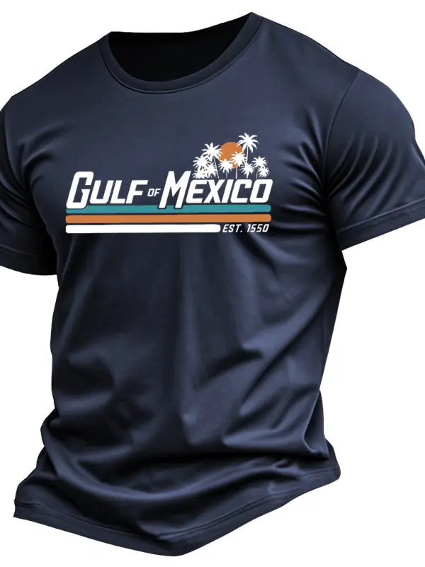Men's Vintage Gulf Of Mexico Palm Tree Print Cotton Short Sleeve T-Shirt - Menwyx.com 