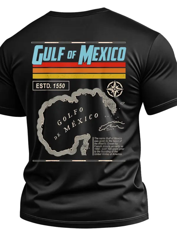 Men's Vintage Gulf Of Mexico Est 1550 Historic Map Print Cotton Short Sleeve T-Shirt - Menbarn.com 