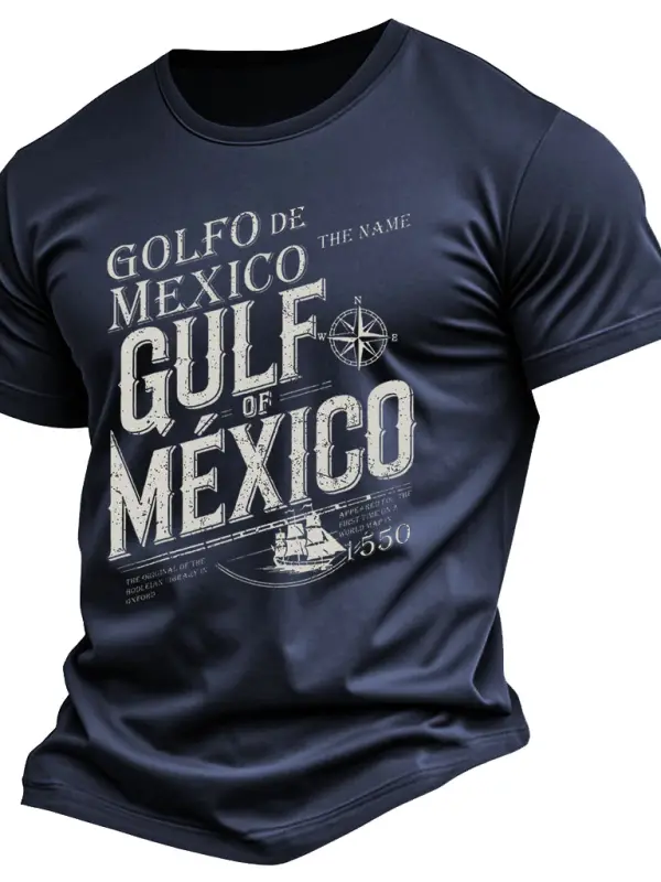Men's Vintage Gulf Of Mexico Since 1550 History Print Cotton Short Sleeve T-Shirt - Menbarn.com 