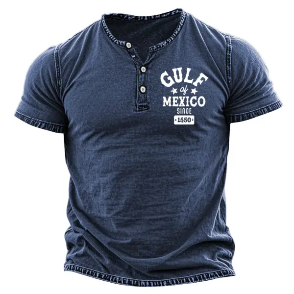 Men's Vintage Gulf Of Mexico Since 1550 Print Henley Collar Short Sleeve T-Shirt - Elementnice.com 
