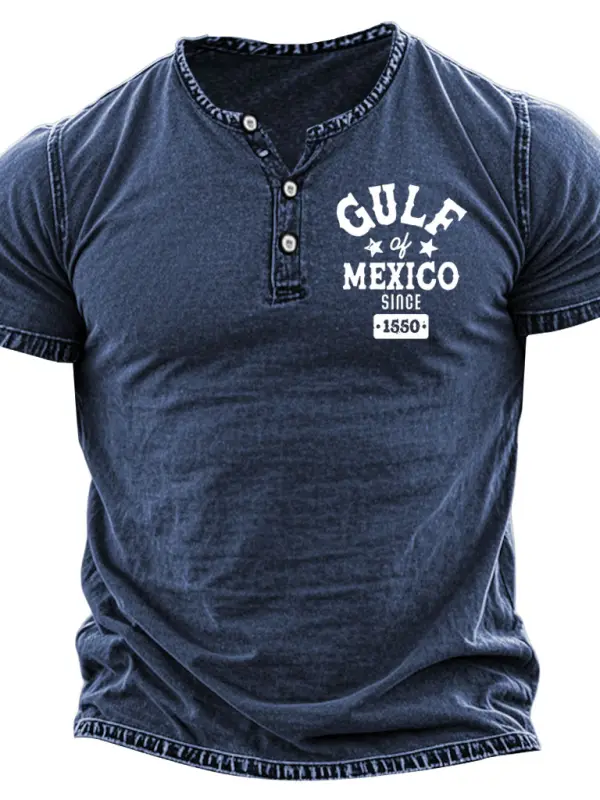 Men's Vintage Gulf Of Mexico Since 1550 Print Henley Collar Short Sleeve T-Shirt - Menbarn.com 