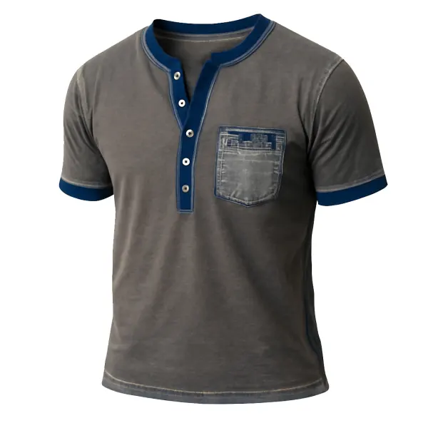 Men's Vintage Chest Pocket Color Block Henley Short Sleeve T-Shirt - Rabclub.com 
