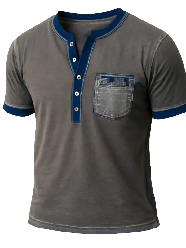 Men's Vintage Chest Pocket Color Block Henley Short Sleeve T-Shirt - Menwyx.com 