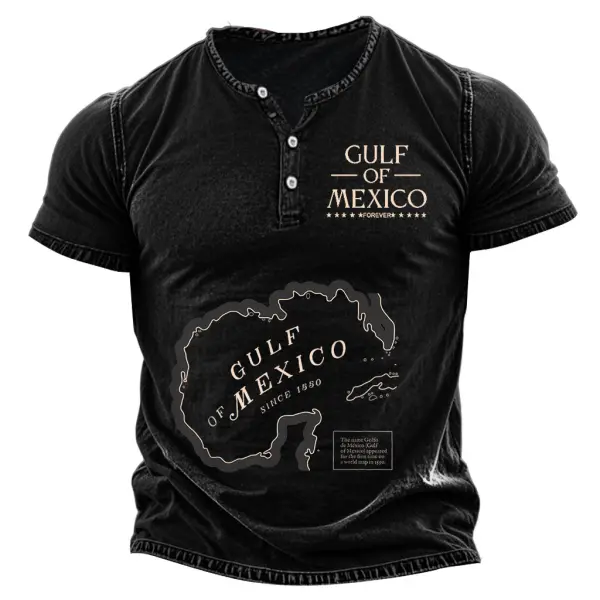 Men's Vintage Gulf Of Mexico Map Print Henley Collar Short Sleeve T-Shirt - Menzfolk.com 
