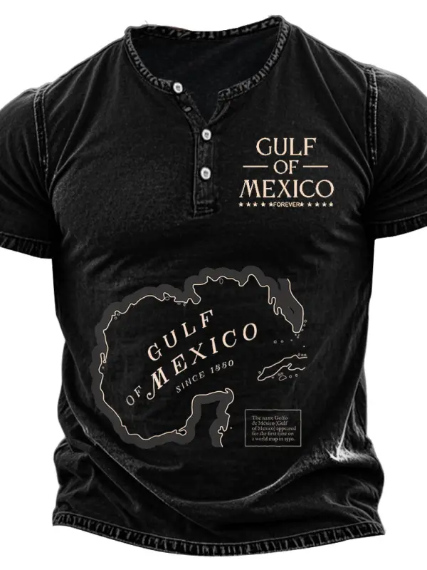 Men's Vintage Gulf Of Mexico Map Print Henley Collar Short Sleeve T-Shirt - Simplyion.com 