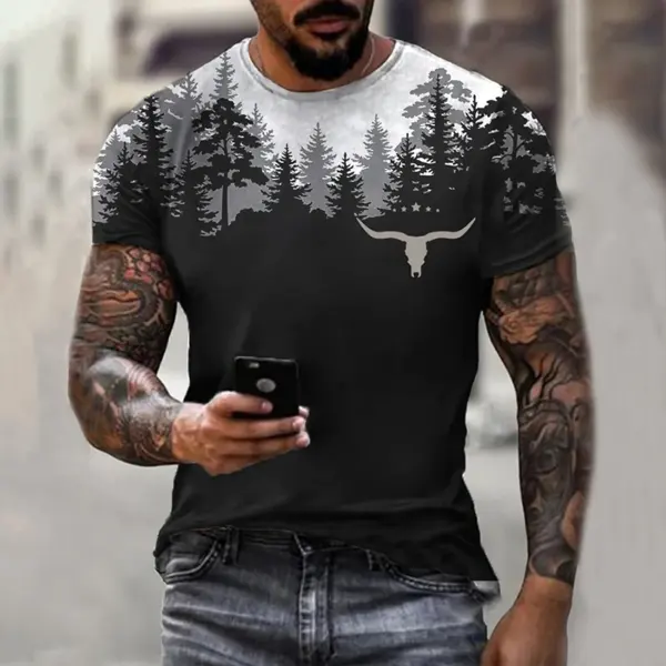 Men'S Forest Bull Head Patchwork Print Short Sleeve T-Shirt - Elementnice.com 