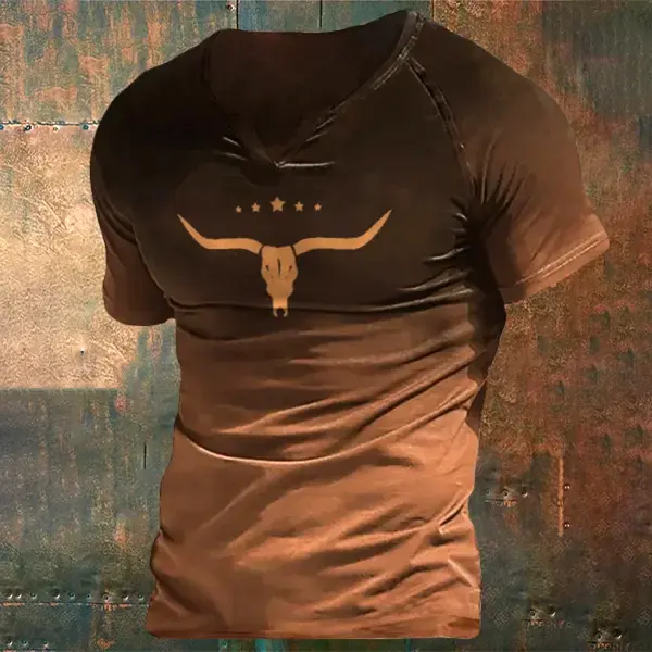 Western V Neck Gradient Bull Head Print T Shirt - Elementnice.com 