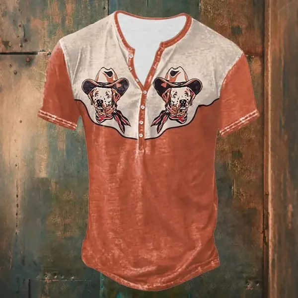 Vintage Western Dog With Cowboy Hat Print Casual Button Top - Elementnice.com 