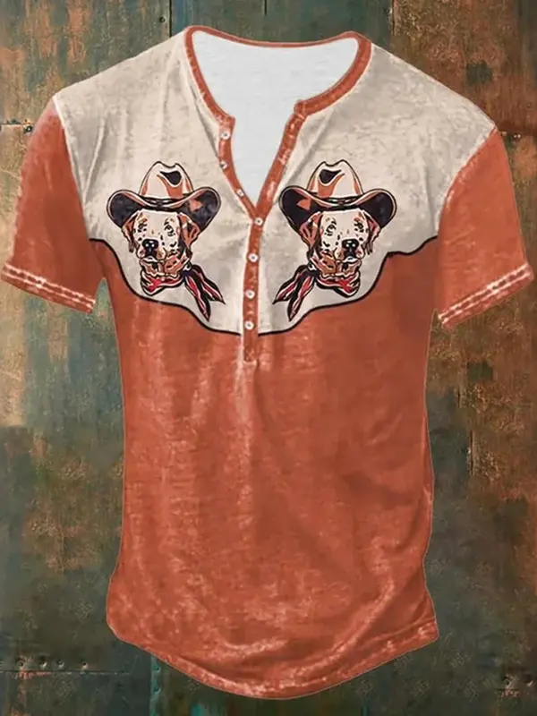 Vintage Western Dog With Cowboy Hat Print Casual Button Top - Menwyx.com 