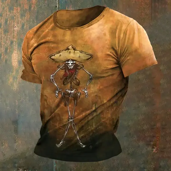 Men's Retro Western Art Print Casual T-Shirt - Elementnice.com 