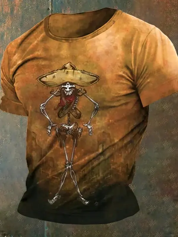 Men's Retro Western Art Print Casual T-Shirt - Menwyx.com 