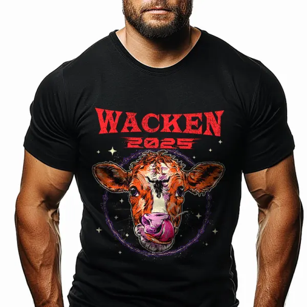 2025 Cow Graphic T-Shirt With Mountain And Moon Design - Perfect For Festivals And Outdoor Adventures - Wayrates.com 