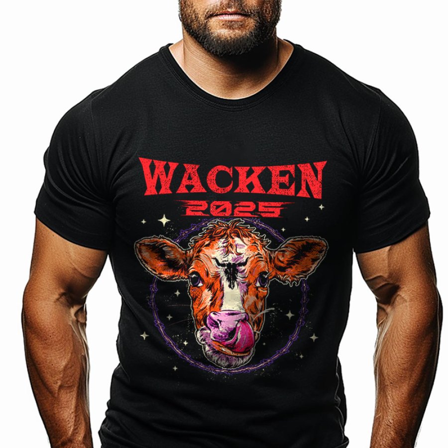 

2025 Cow Graphic T-Shirt With Mountain And Moon Design - Perfect For Festivals And Outdoor Adventures