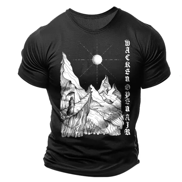 2025 Festival Black Graphic T-Shirt With Mountain And Moon Design - Perfect For Festivals And Outdoor Adventures - Elementnice.com 